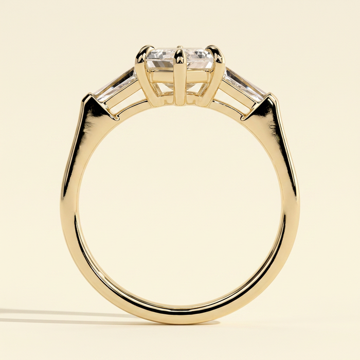 The Solara - Elongated Hexagon Cut Lab Grown Diamond Three Stone with Tapered Baguette Side Stones and Cathedral Setting Engagement Ring