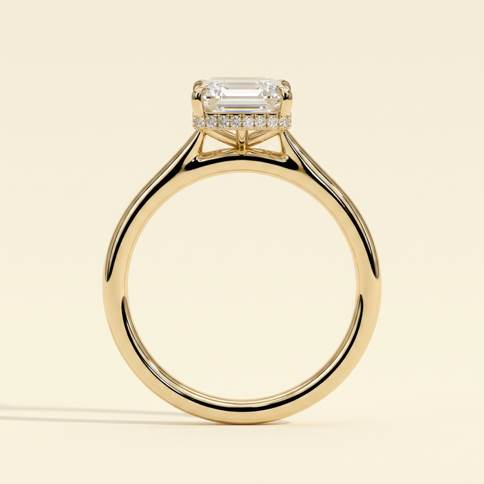 The Reina - Elongated Hexagon Cut Lab Grown Diamond Solitaire Ring with Bezel Hidden Halo