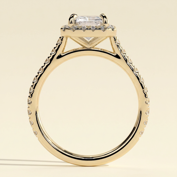 The Lunelle - Radiant Lab Diamond Solitaire with Halo and Pave Band and Cathedral Setting Ring