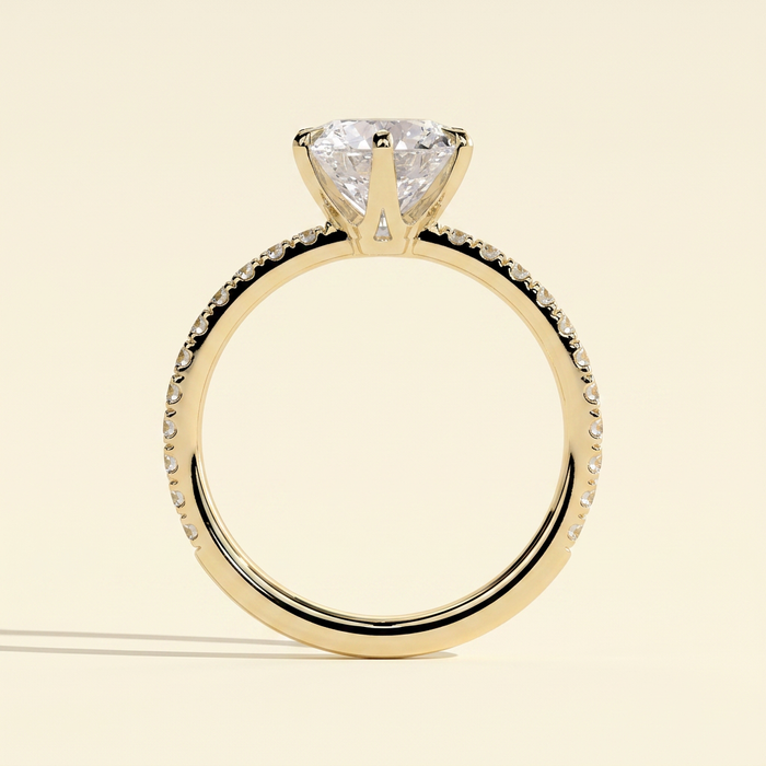 The Jolie - Round Cut Lab Grown Diamond Six Claw Solitaire with Crown Gallery and Pave Band Engagement Ring