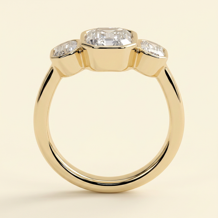 The Xiela - Oval Cut Lab Grown Diamond Three Stone Engagement Ring with Bezel Set Oval Side Stones