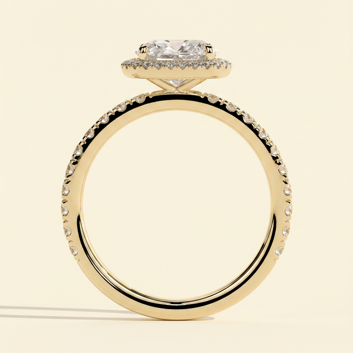 The Brillia - Cushion Cut Lab Grown Diamond Halo Engagement Ring with Pave Band