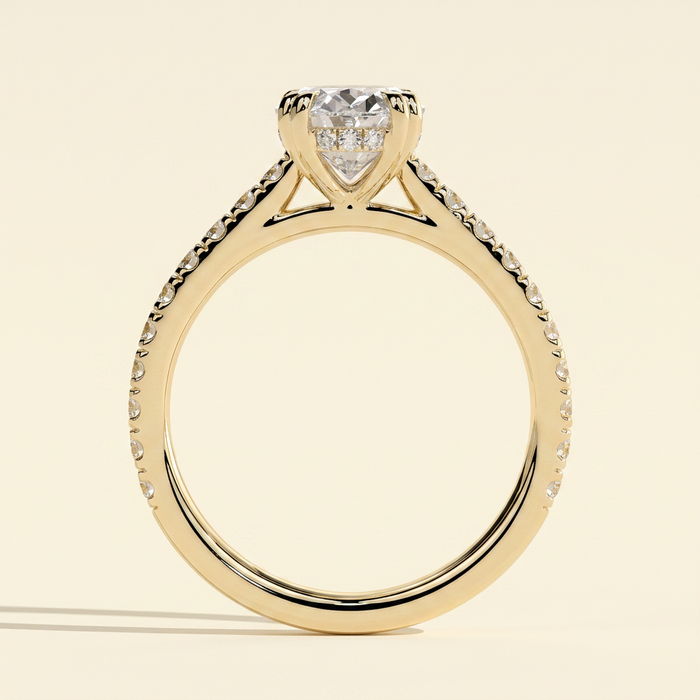The Arvelle - Oval Cut Lab Grown Diamond Double Claw Solitaire with Hidden Halo and Pave Band Engagement Ring