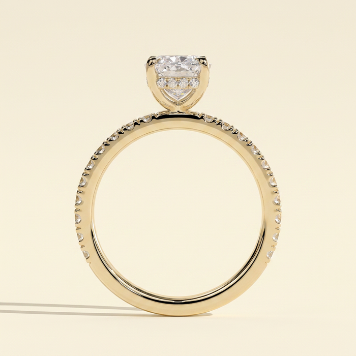The Etoile - Elongated Cushion Lab Diamond Solitaire with Hidden Halo and Pave Band Ring
