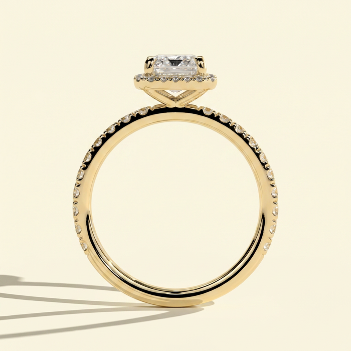 The Dorea - Emerald Lab Grown Diamond Halo Engagement Ring with Pave Band