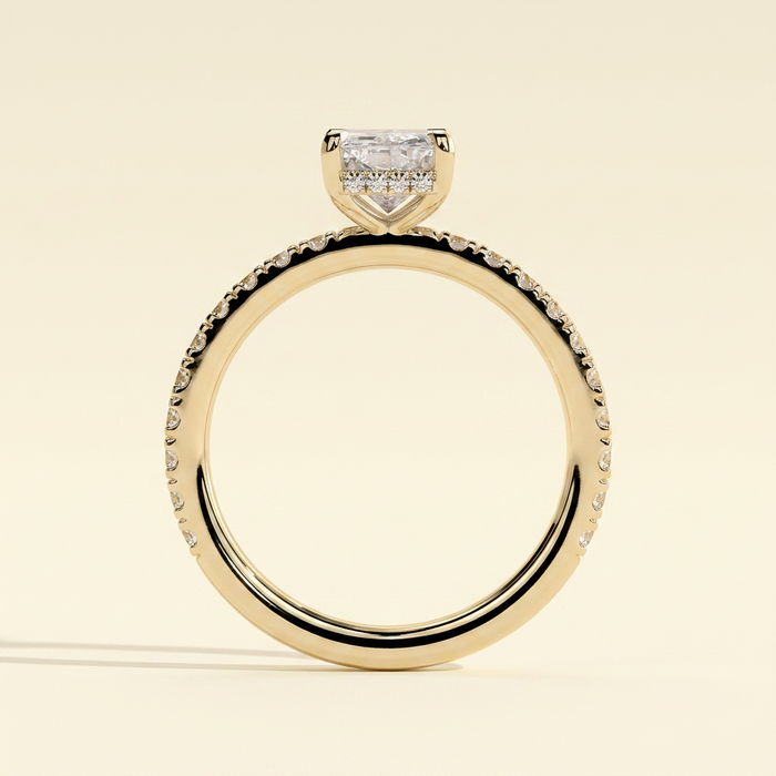 The Elenia - Radiant Cut Lab Grown Diamond Four Claw Solitaire with Hidden Halo and Pave Band Engagement Ring