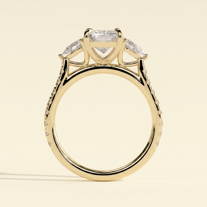 The Riviera - Radiant Cut Lab Grown Diamond Trilogy Ring with Pear Side Stones and Pave Band