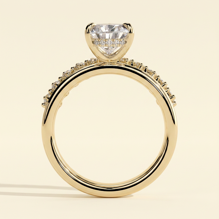 The Astera - Pear Cut Lab Grown Diamond Solitaire with Hidden Halo and Plain and Pave Double Band Engagement Ring