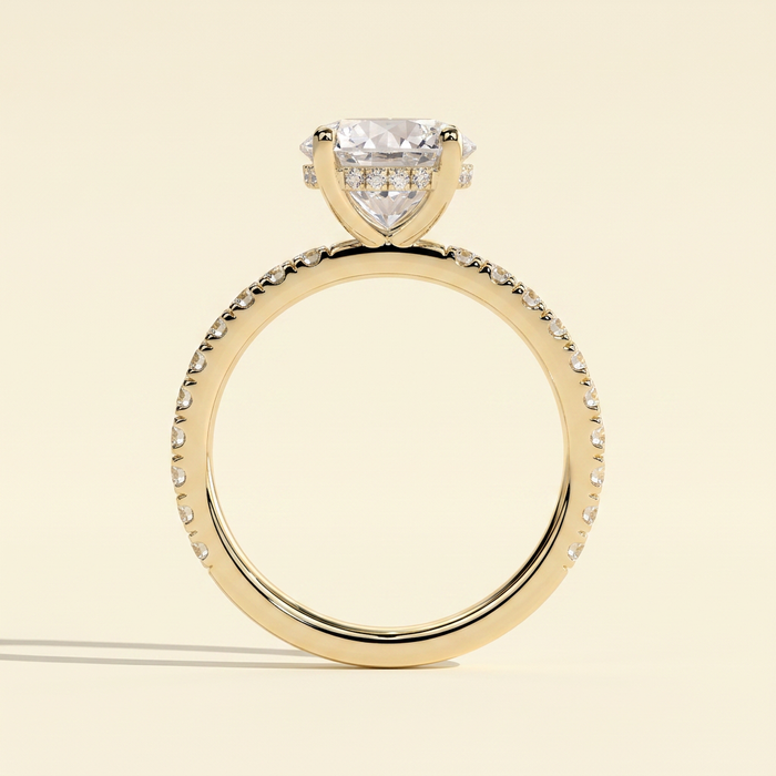 The Elena - Round Cut Lab Grown Diamond Solitaire with Hidden Halo and Pave Band Engagement Ring