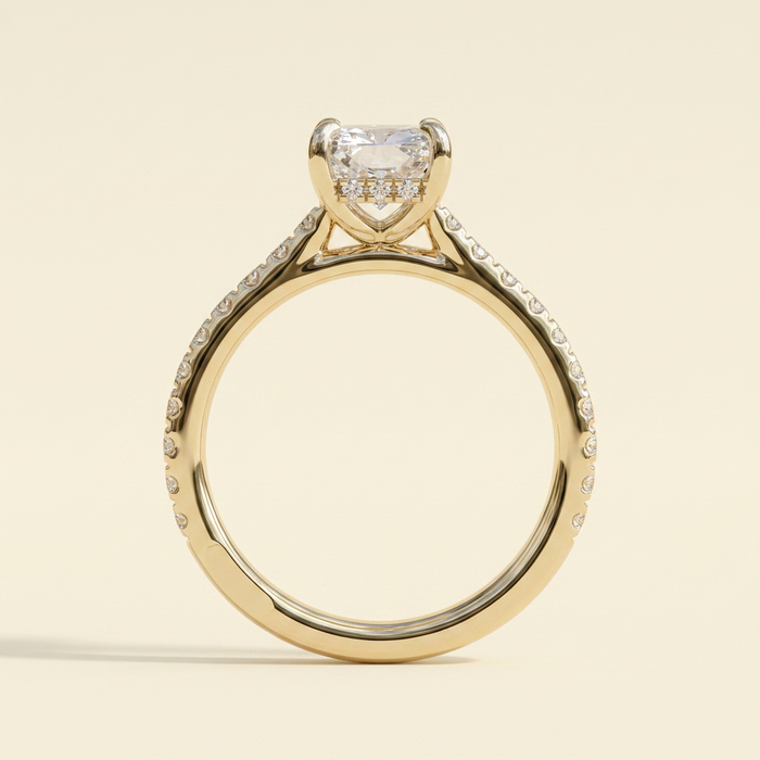 The Della - Radiant Cut Lab Grown Diamond Cathedral Solitaire with Hidden Halo and Pave Band Engagement Ring