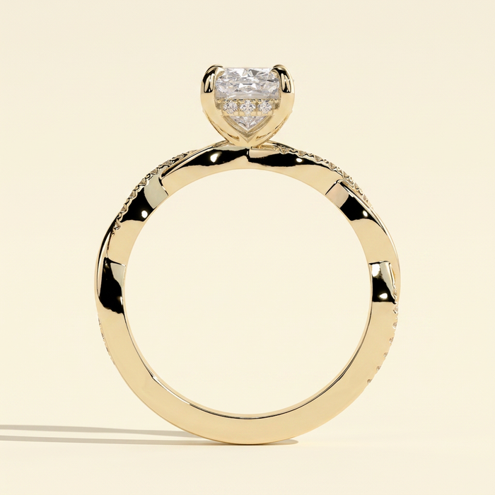 The Orella - Elongated Cushion Cut Lab Grown Diamond Hidden Halo Solitaire with Twisted Alternating Pave Band Engagement Ring