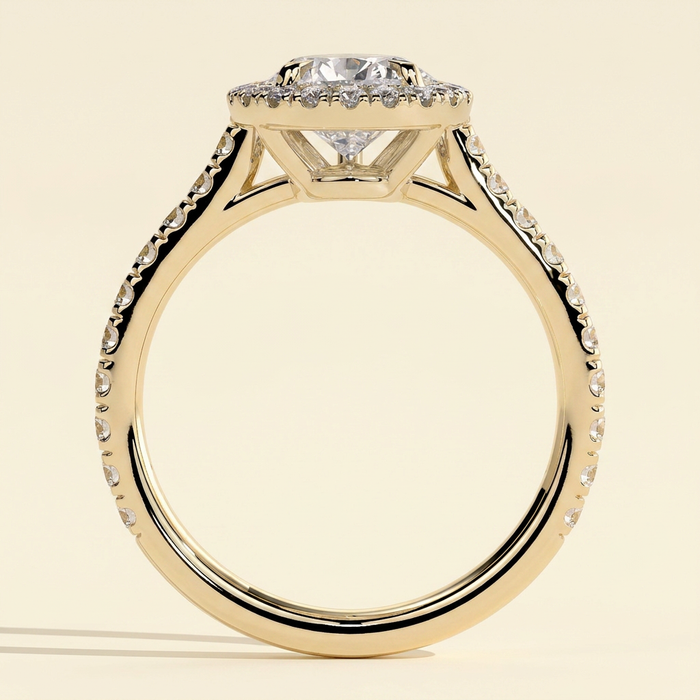 The Ines - Pear Cut Lab Grown Diamond Five Claw Halo with Pave Band Engagement Ring