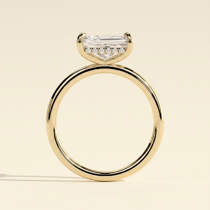 The Feya - Radiant Cut Lab Grown Diamond East West Four Claw Solitaire Ring with Hidden Halo
