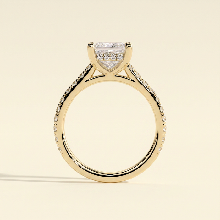 The Tivona - Princess Cut Lab Grown Diamond Four Claw Solitaire with Hidden Halo and Pave Band Engagement Ring