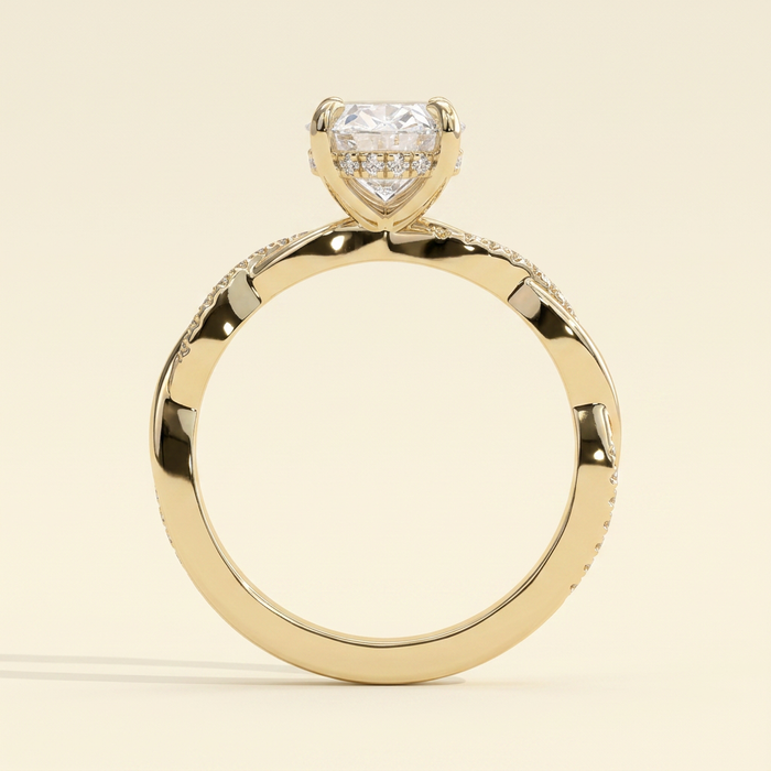 The Runa - Oval Cut Lab Grown Diamond Hidden Halo Solitaire with Braided Pave Band Engagement Ring