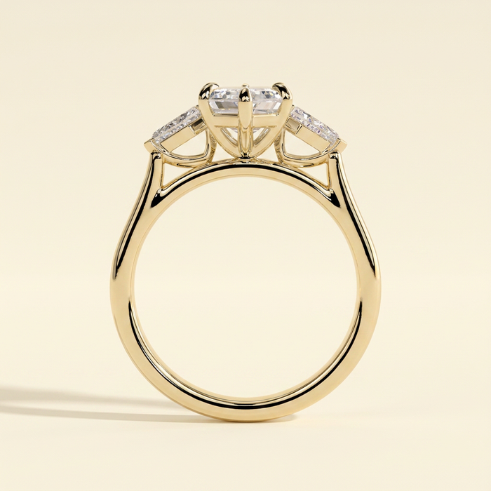 The Lavelle - Elongated Hexagon Cut Lab Grown Diamond Three Stone Engagement Ring with Kite Side Stones