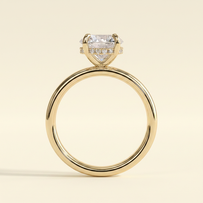 The Miela - Round Cut Lab Grown Diamond Four Claw Solitaire with Hidden Halo and Cigar Band Engagement Ring