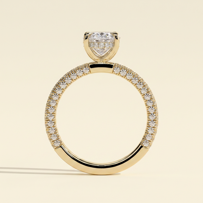 The Nella - Oval Cut Lab Grown Diamond Hidden Halo Solitaire with Triple Pave Band Engagement Ring