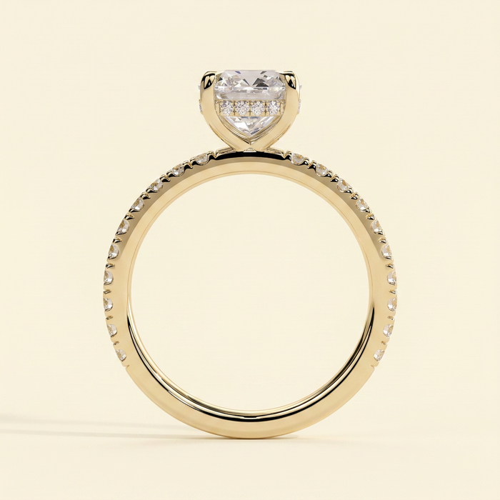 The Atria - Square Cushion Lab Diamond Solitaire with Hidden Halo and Pave Band Engagement Ring
