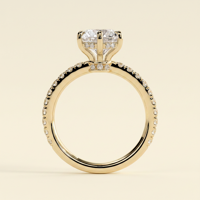 The Mirelle - Round Cut Lab Grown Diamond Hidden Halo Solitaire with Pave Collar and Pave Band Engagement Ring