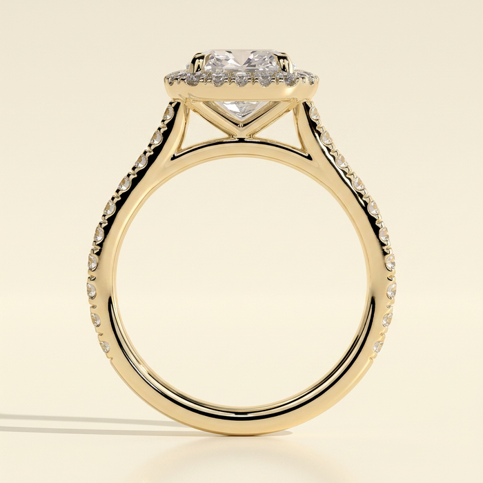 The Soleia - Cushion Cut Lab Grown Diamond Halo with Pave Band and Cathedral Setting Engagement Ring
