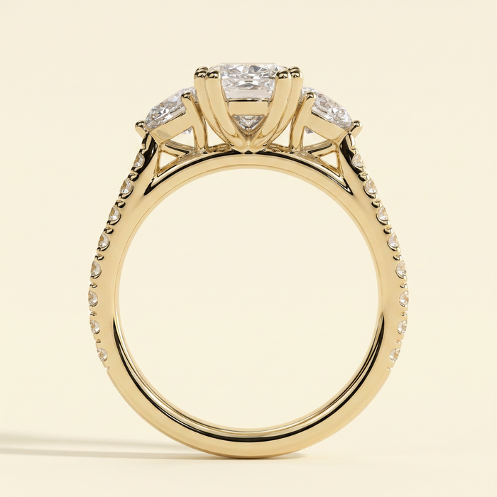 The Ivara - Elongated Cushion Cut Lab Grown Diamond Double Claw Three Stone with Pave Band and Cathedral Setting Engagement Ring