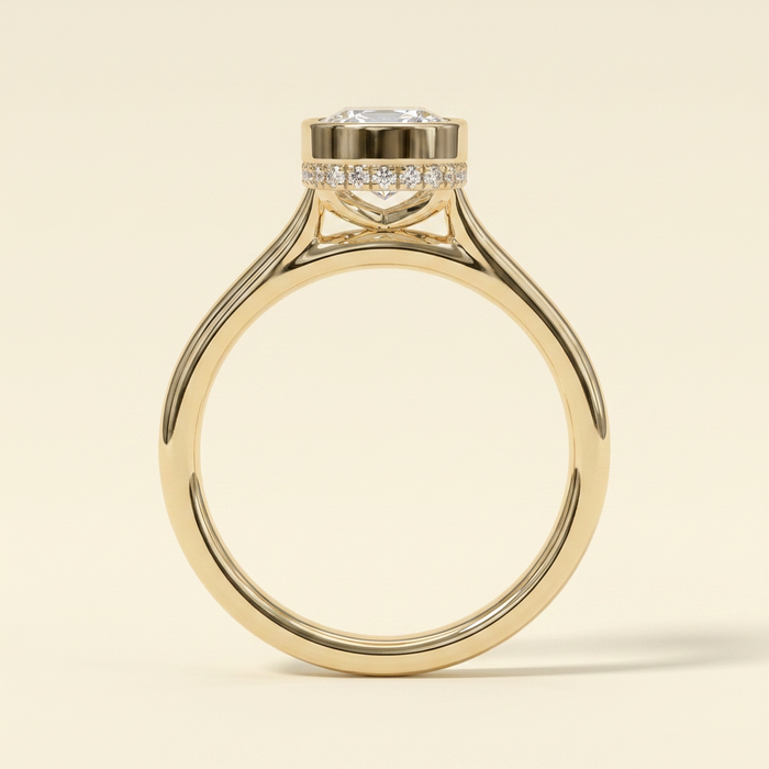 The Bella - Elongated Cushion Cut Lab Grown Diamond Solitaire Ring with Bezel Hidden Halo
