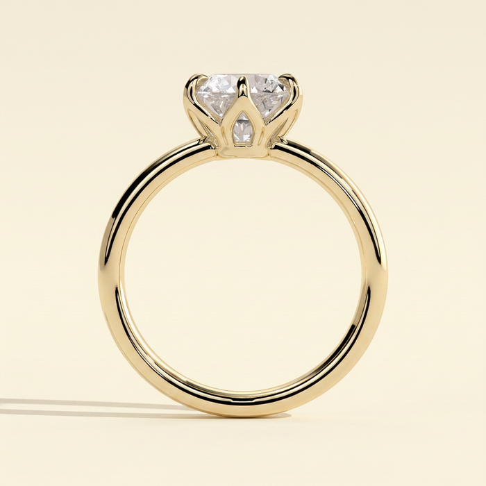 The Rina - Round Cut Lab Grown Diamond Low Set Solitaire with Petal Claws and Cigar Band