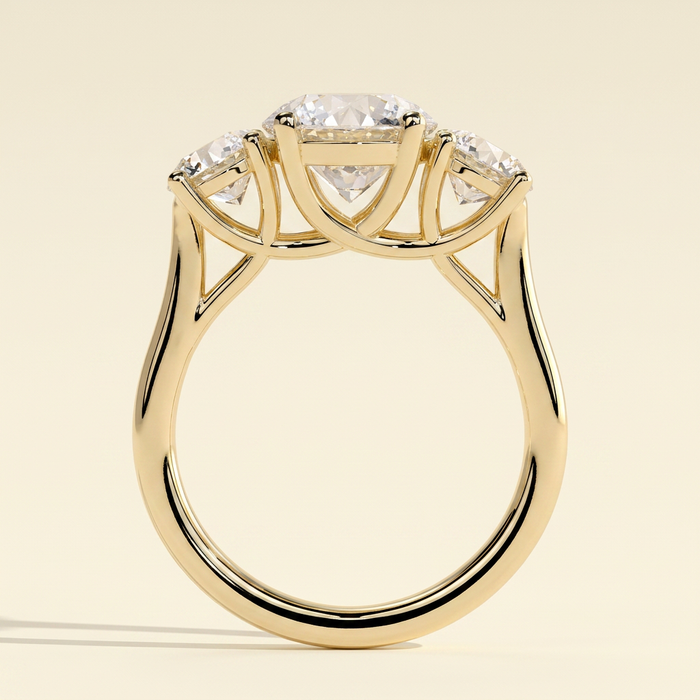 The Soline - Round Cut Lab Grown Diamond Claw Set Three Stone with Round Side Stones Engagement Ring