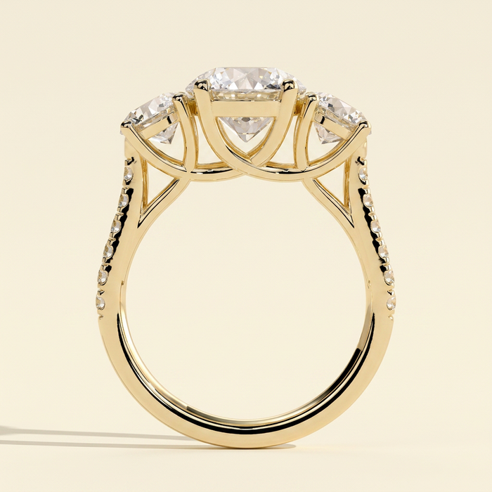 The Azure - Round Cut Lab Grown Diamond Three Stone with Round Side Stones and Pave Band Ring