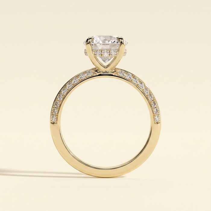 The Zaria - Round Cut Lab Grown Diamond Hidden Halo Solitaire with Knife Edge Pave Band Engagement Ring