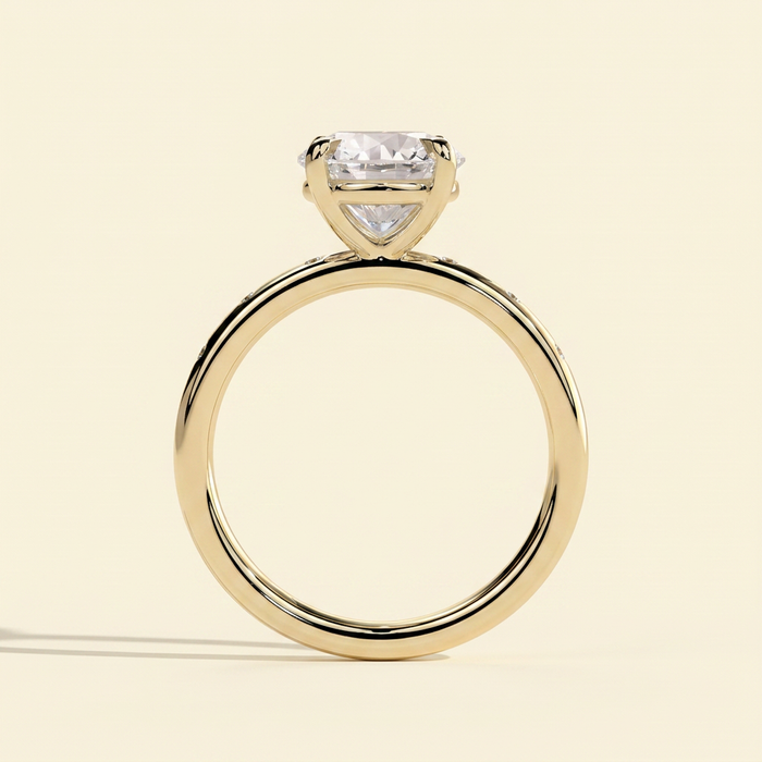 The Diamara - Round Cut Lab Grown Diamond Solitaire with Inset Round Side Stones in a Sleek Band Engagement Ring