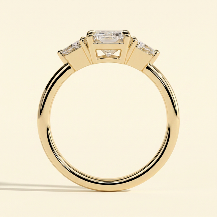 The Celene - Radiant Cut Lab Grown Diamond Trilogy with Trapezoid Side Stones in Low Setting Engagement Ring