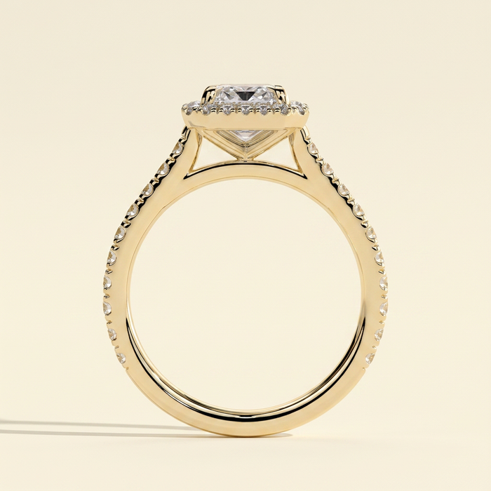 The Delara - Emerald Cut Lab Grown Diamond Four Claw Halo Engagement Ring with Pave Band