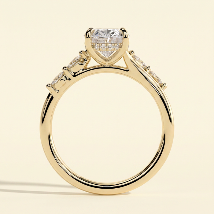 The Mirea - Oval Cut Lab Grown Diamond Hidden Halo Engagement Ring with Marquise Side Stones