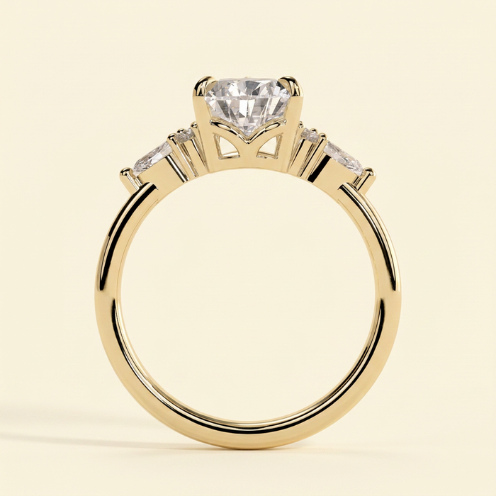 The Ilona - Pear Cut Lab Grown Diamond Three Claw Tulip Gallery Solitaire with Pear and Round Shoulder Stones Engagement Ring