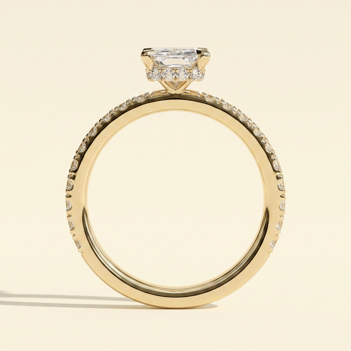 The Laela - Radiant Lab Grown Diamond Solitaire with Wrap Around Hidden Halo and Pave Band Ring