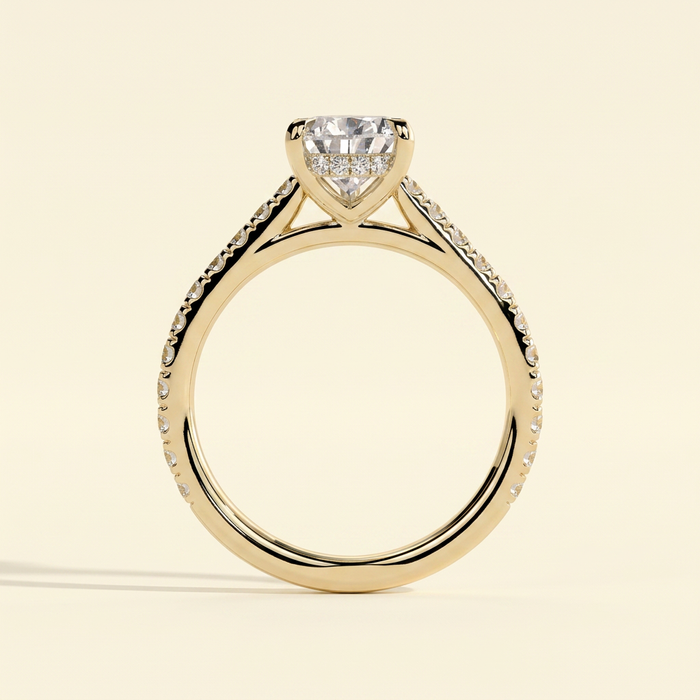 The Margaux - Pear Cut Lab Grown Diamond Five Claw Cathedral Solitaire with Pave Band Engagement Ring