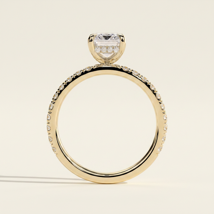The Livia - Emerald Cut Lab Grown Diamond Solitaire Engagement Ring with Hidden Halo and Pave Band