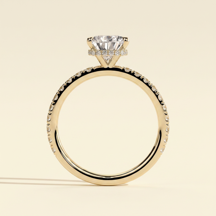 The Hestia - Pear Cut Lab Grown Diamond Wrap Around Hidden Halo Solitaire with Pave Band Engagement Ring