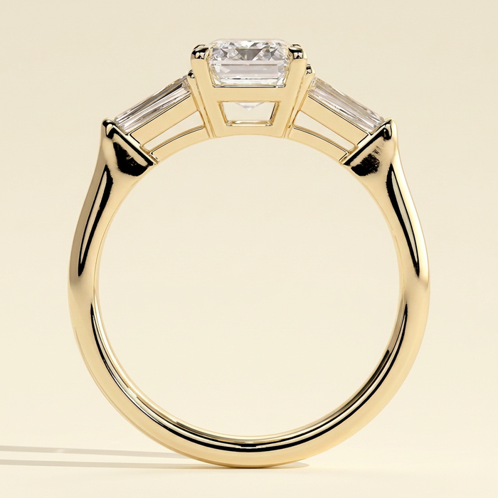 The Liora - Emerald Cut Lab Diamond Three Stone with Tapered Baguette Side Stones Engagement Ring