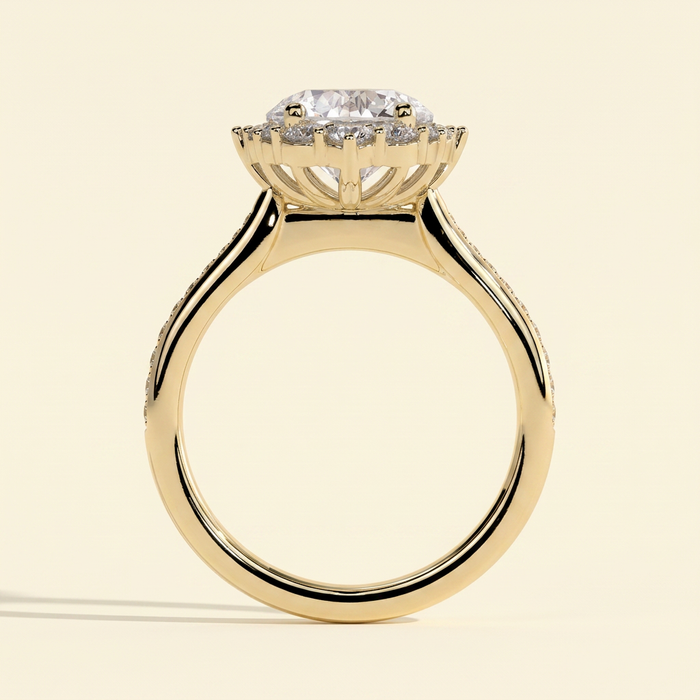 The Halia - Round Cut Lab Grown Diamond Vintage Halo Engagement Ring with Bead Set Micropave Band