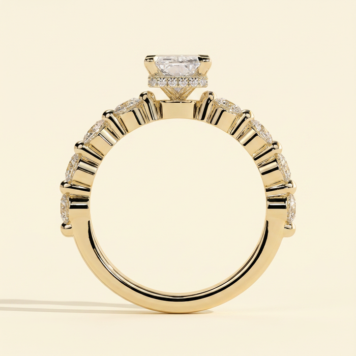 The Celia - Radiant Cut Lab Grown Diamond Four Claw Hidden Halo with Round Side Stones Engagement Ring