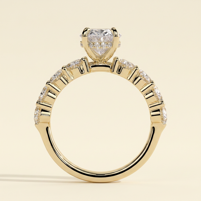 The Tesoro - Oval Cut Lab Grown Diamond Solitaire with Oval Half Eternity Band and Hidden Halo Engagement Ring