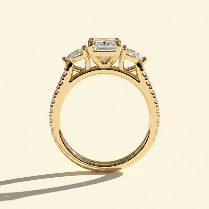 The Aluna - Emerald Cut Lab Grown Diamond Three Stone Ring with Pave Band
