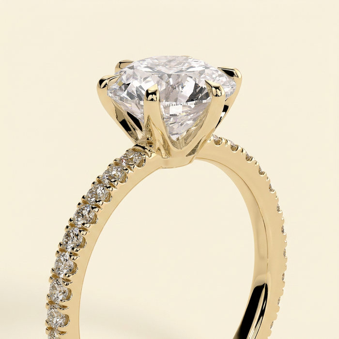 The Jolie - Round Cut Lab Grown Diamond Six Claw Solitaire with Crown Gallery and Pave Band Engagement Ring