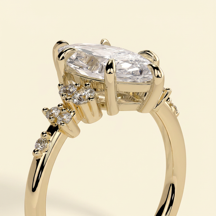 The Nova - Marquise Cut Lab Grown Diamond Basket Set Solitaire with Clustered Round Shoulder Stones Engagement Ring