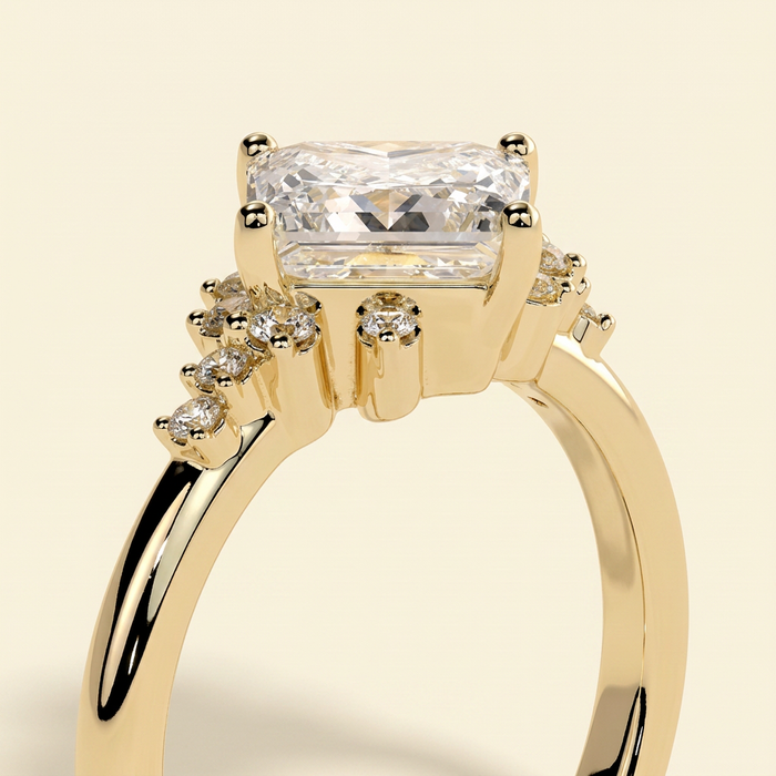 The Velora - Princess Cut Lab Grown Diamond Solitaire with Angled Setting and Round Accent Clusters Engagement Ring