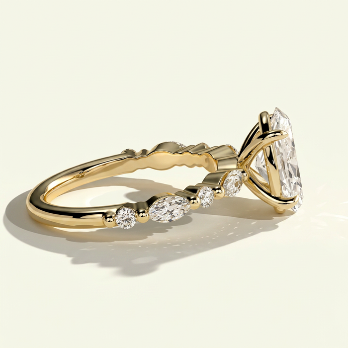 The Deva - Oval Lab Grown Diamond Ring with Marquise and Round Side Stones