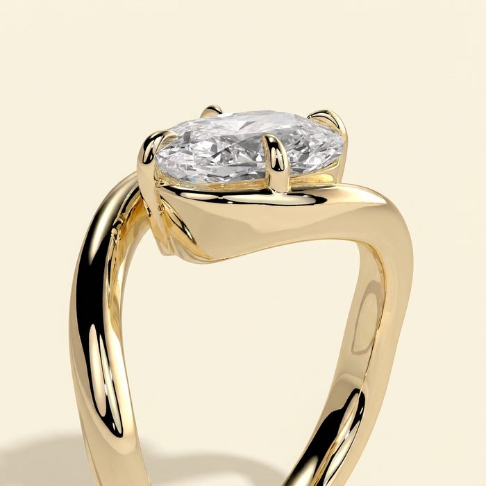 The Fleura - Elongated Cushion Cut Lab Grown Diamond East West Solitaire with Twisting Bypass Band Engagement Ring